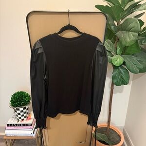 Elegant Black Women's Top with Leather Sleeves